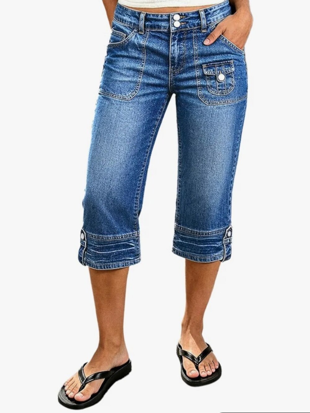 Flamingals Mid Waist Straight Leg Capri Wash Button Tab Jeans NWT Large *Flaw*